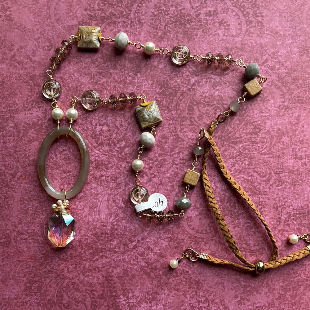 Beaded Necklace with Crystal Pendant, hand made